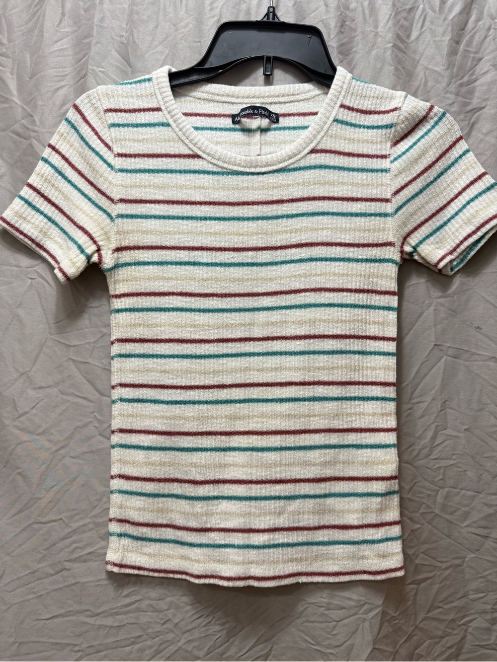 Abercrombie & Fitch Cream Short Sleeve Tee with Teal & Rust Stripes